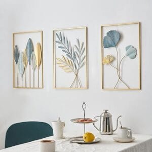 Gold Leaf Wall Decor Modern Wall Art Home Decor, Set of 3 Metal Wall Hanging Decoration for Living Room Office Bedroom