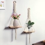 Handmade Wall Shelf for Plants Decor Cotton Cord Pine Wooden Plank – Set of 2