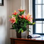 Beautiful Artificial Red Lilies Flower Arrangement in Wooden Pot