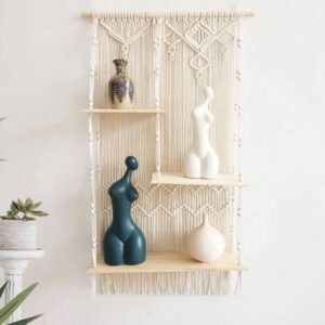Boho Macrame Wall Hanging and Floating Wooden Shelf Organizer with 3 Rustic Levels