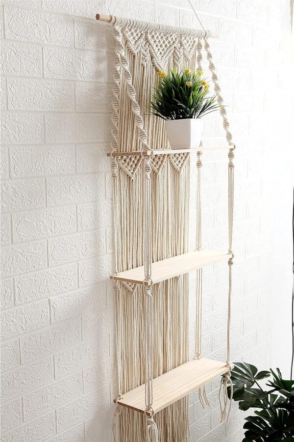 Handcrafted Boho Macrame 3-Tier Floating Wall Hanging Plant and Decor Shelf3