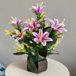 Purple Artificial Lilies Flower Arrangement in Wooden Pot