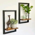 Rustic Black & Teak Wooden Frame Floating Wall Shelves
