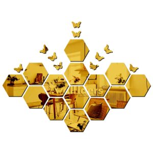 Stylish 14 Hexagon Golden Mirror Stickers for Wall, Wall Stickers for Bedroom, Hall