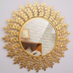 Golden Leaf Wall Mirror, Rust-Proof Round Decorative Mirror