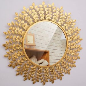 Golden Leaf Wall Mirror, Rust-Proof Round Decorative Mirror