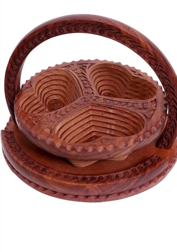 Handmade Sheesham Wood Foldable Basket ,3-Compartment Dry Fruit & Pooja Items Storage with Handle