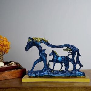 Handcrafted Polyresin Horse with Horse Baby Showpiece, Antique Blue Home & Office Decor, Unique Gift Idea