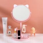 Cute Rotatable Makeup Mirror with Cat Ears - 360° Swivel Desktop Mirror with Organizer Tray for Jewelry, Cosmetics & Beauty Essentials - Baby Pink