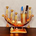 Vintage Iron Boat-Shaped Pen Pencil Holder, Antique Golden Table Top Decor