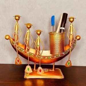 Vintage Iron Boat-Shaped Pen Pencil Holder, Antique Golden Table Top Decor